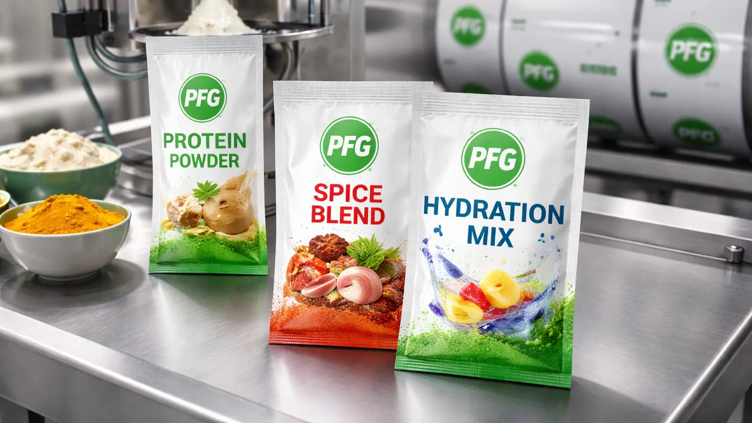 Single-use sachet packets filled with dry powders on a stainless steel production line, featuring Pro Foods Group branding integrated into packaging within a modern manufacturing environment
