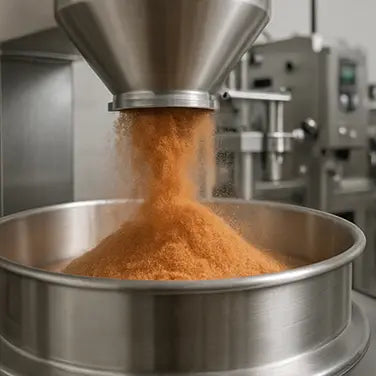 Dry powder blending process in an industrial mixer at Pro Foods Group.