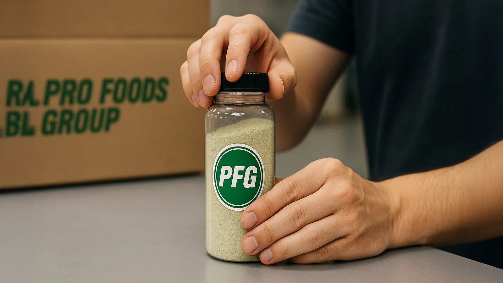 Hand holding clear plastic bottle filled with powder product with secure screw-top cap and PFG label in packaging environment