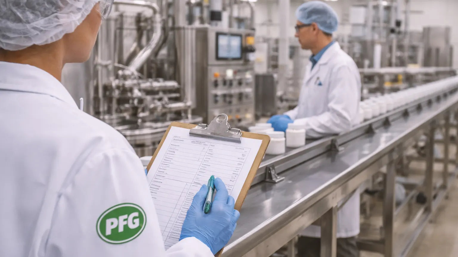 Quality control supervisor reviewing production checklist on a manufacturing floor while monitoring a powder filling line in a clean, regulated food facility with PFG branding