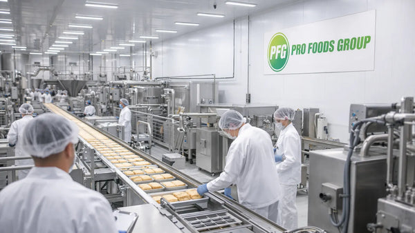 Wide view of a clean, large-scale food production facility with workers in protective gear operating stainless steel processing equipment and conveyor lines with PFG branding visible