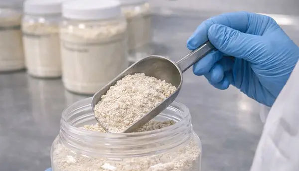 Quality control technician scooping probiotic powder from a labeled container inside the Pro Foods Group manufacturing facility, with Pro Foods Group branding visible in the background, illustrating careful handling, ingredient integrity, and controlled production.