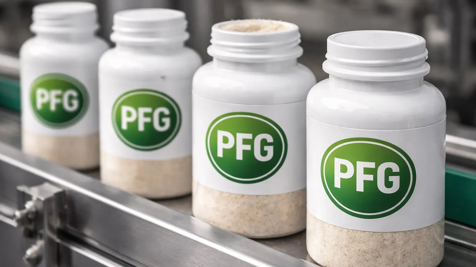 PFG-branded powder bottles aligned on a conveyor with finished fill levels, highlighting precision and consistency in bottle filling production