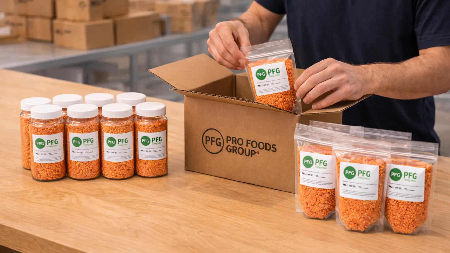 Worker placing sealed pouch into a corrugated box with black printed Pro Foods Group logo while finished jars and pouches are neatly staged on a clean wooden packaging table