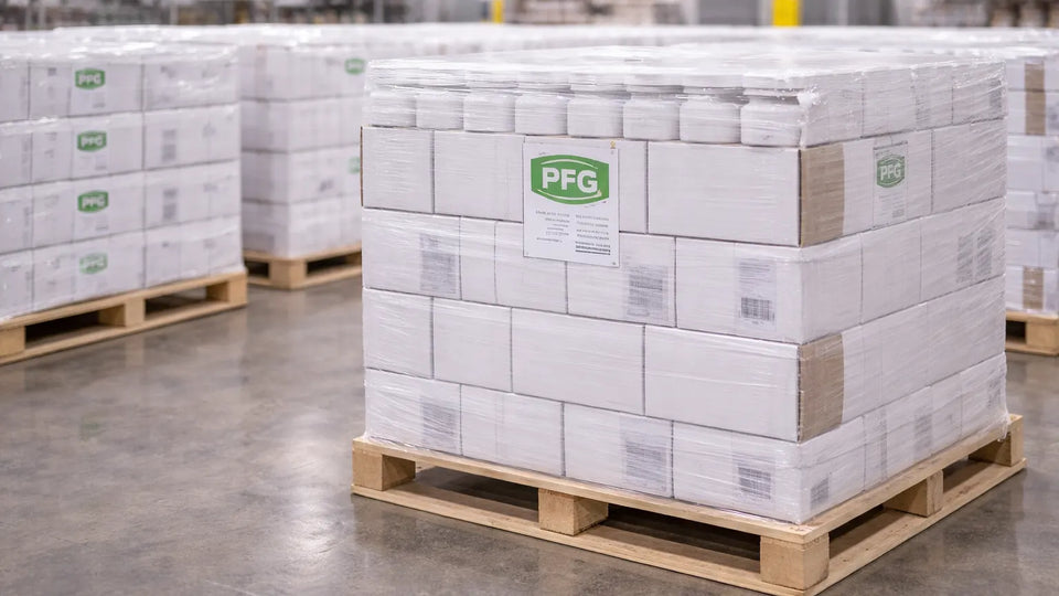 Shrink-wrapped pallets of packaged products in a clean warehouse, neatly stacked and staged for distribution with consistent labeling and organized layout
