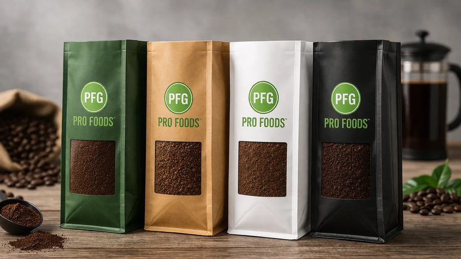 Four flat bottom coffee pouches with clear windows showing ground coffee, designed with reinforced side panels and stable bases to support heavier product weight while maintaining structure