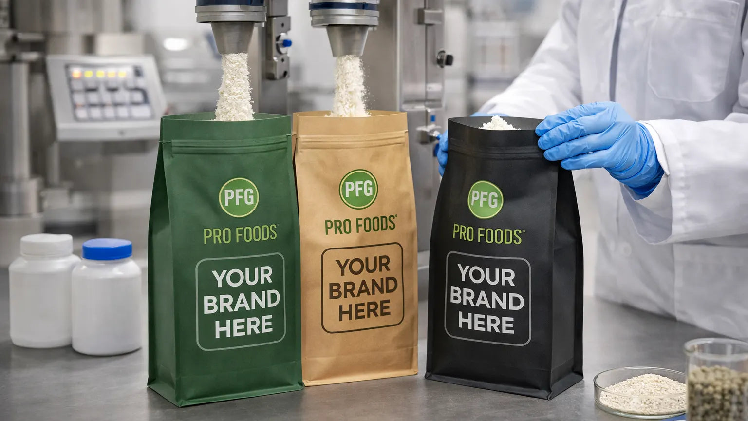 Flat bottom pouches being filled with powder on an automated production line, with a technician in gloves guiding packaging in a clean, controlled manufacturing facility