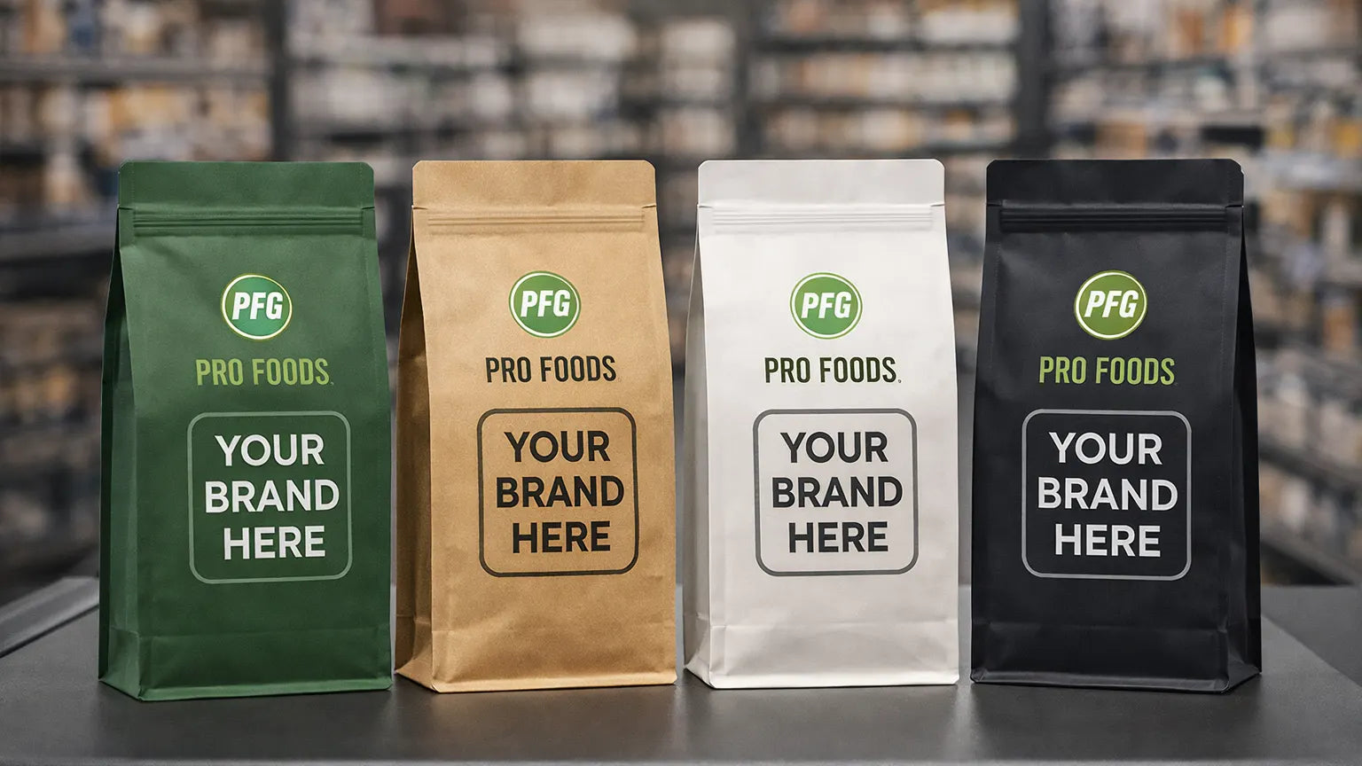 Flat bottom pouches with box-style structure and side gussets displayed upright on a retail surface, showcasing stable, premium packaging formats for dry goods