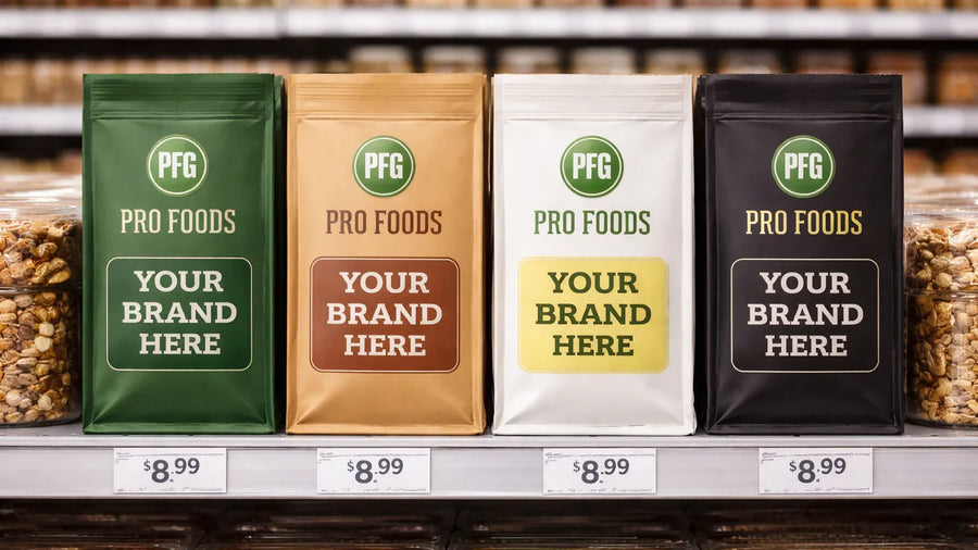 Flat bottom pouches neatly aligned side by side on a retail shelf, demonstrating structured design that supports uniform spacing and organized product presentation