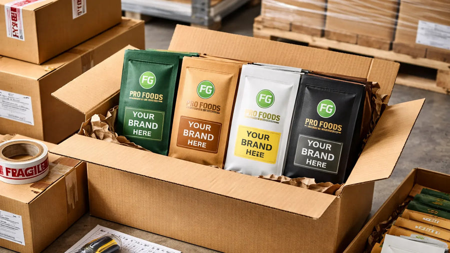 Flat bottom pouches securely packed inside shipping boxes in a warehouse setting, demonstrating durable packaging designed to maintain structure during transport and distribution