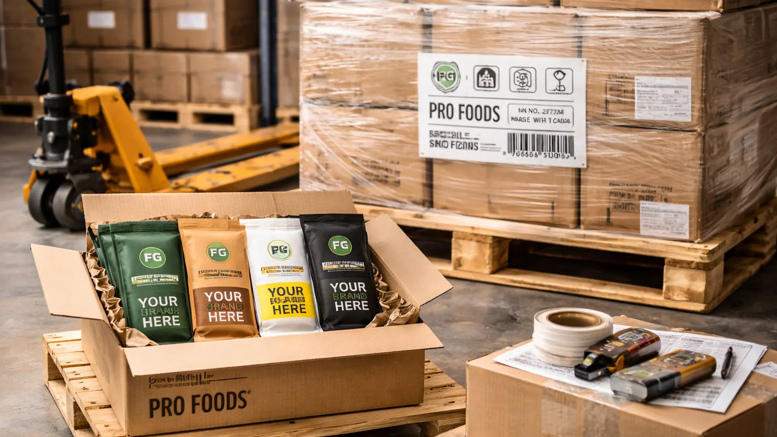 Flat bottom stand-up pouches packed in shipping boxes on warehouse pallets, demonstrating durable transport and distribution-ready packaging