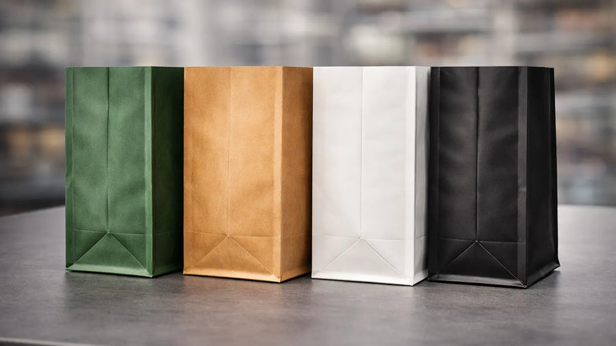 Close-up of four flat bottom pouches in green, kraft, white, and black showing reinforced base construction that allows each pouch to stand upright on a flat surface