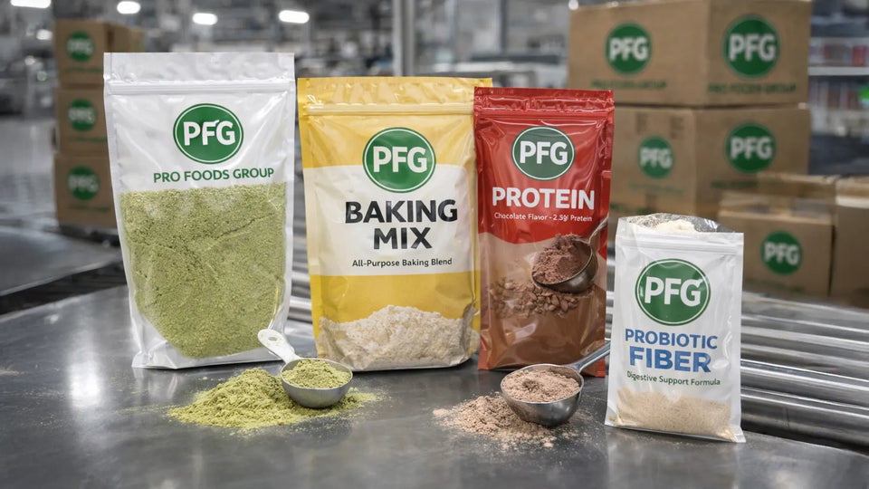 Pro Foods Group branded stand-up pouches filled with powdered supplements, baking mix, protein powder, and fiber displayed on a stainless production surface, representing flexible film packaging formats for dry product applications