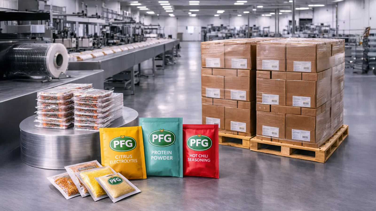 Side seal pouches in various sizes displayed alongside stacked cases and palletized shipments in a production facility, illustrating scalable packaging from small runs to large-volume distribution.