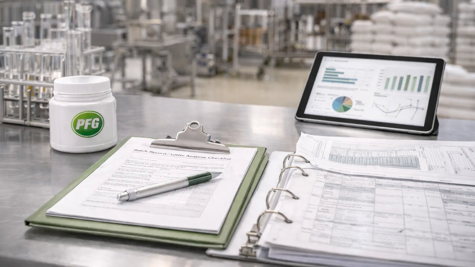 Organized quality control documents, batch records, and digital analytics on a stainless steel workstation in a food manufacturing facility with PFG-branded materials
