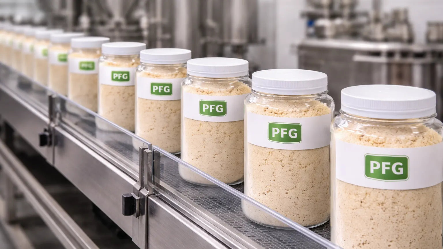 Uniform jars filled with powdered product moving in perfect alignment along a clean stainless steel conveyor in a controlled food manufacturing facility with PFG branding visible