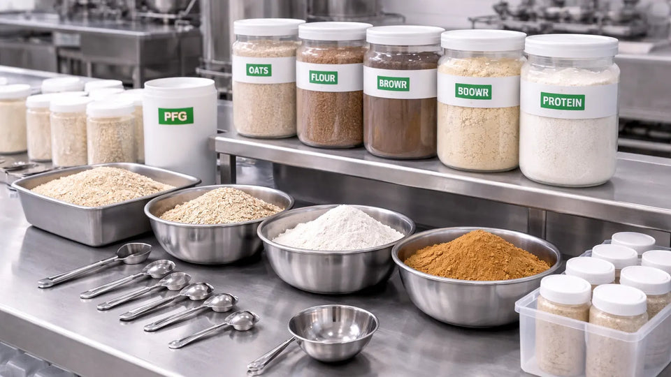 Stainless steel workstation with neatly arranged ingredient containers, measured powders in bowls, and organized tools demonstrating controlled handling and consistent food manufacturing processes