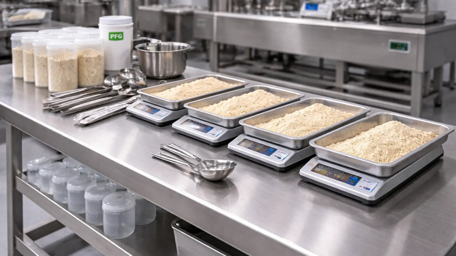 Clean stainless steel workstation with evenly measured powder trays on digital scales, organized scoops and containers, and subtle PFG branding demonstrating controlled and repeatable manufacturing processes