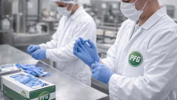 Food production workers putting on gloves and following strict hygiene protocols in a clean manufacturing environment with PFG branding visible