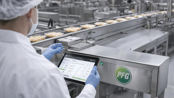 Worker using a digital tablet to monitor food safety checkpoints on a production line with packaged products moving along a conveyor and PFG branding visible