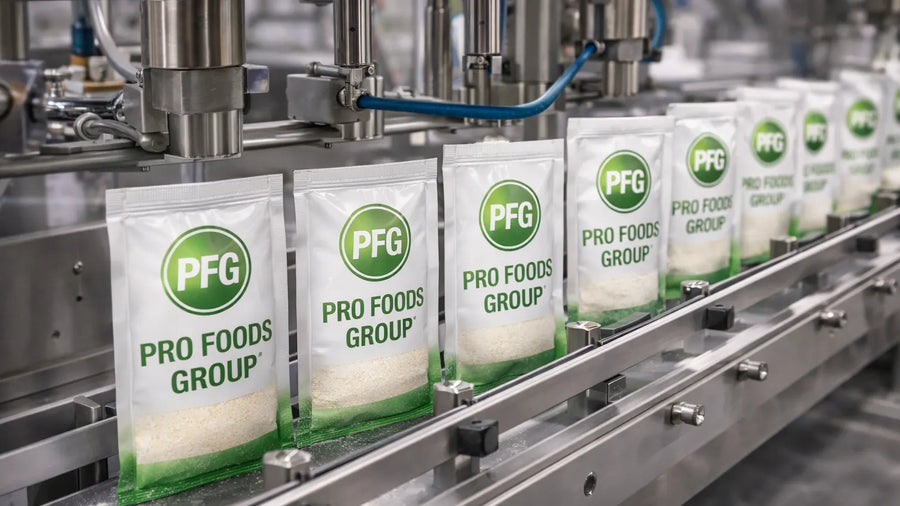 Automated production line filling multiple Pro Foods Group sachets with powder simultaneously, demonstrating high-speed output and scalable manufacturing capability