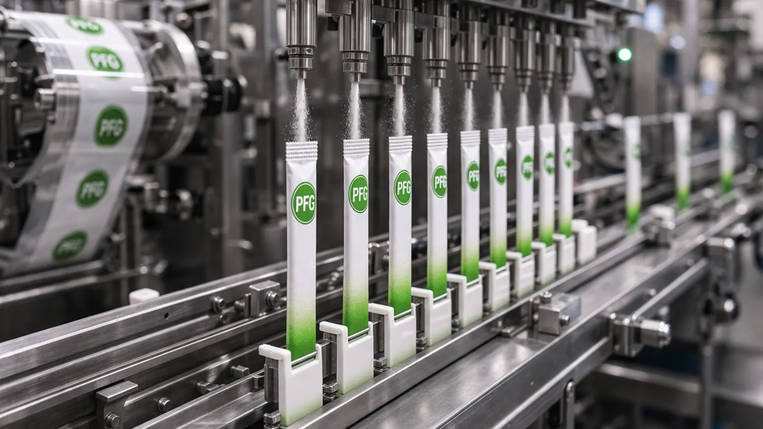 Slim vertical Pro Foods Group stick packs being filled with powder from multiple nozzles on an automated stainless steel production line, demonstrating high-speed, multi-lane manufacturing and precise single-serve dosing