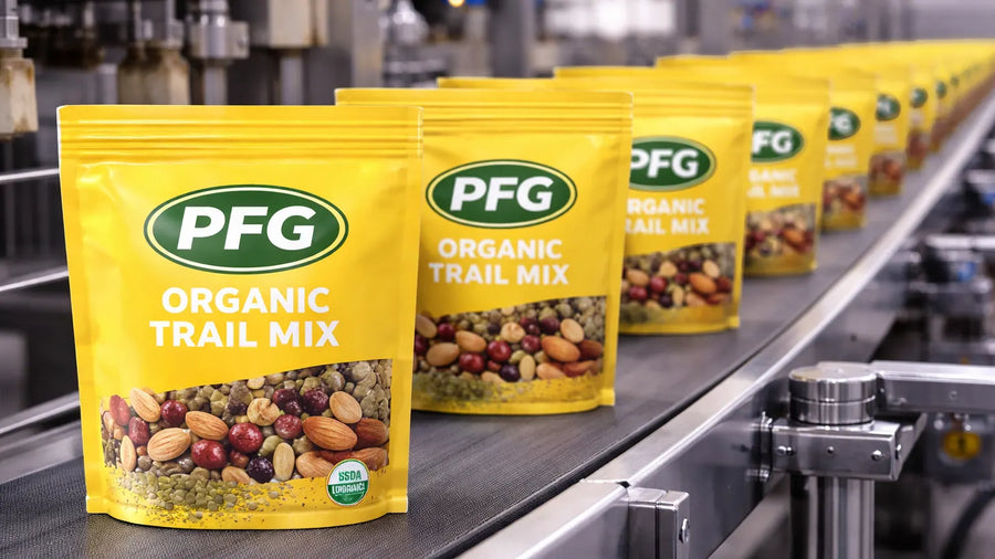 Stand-up pouches filled with trail mix moving along an automated conveyor system, illustrating scalable high-volume pouch production in a modern manufacturing facility