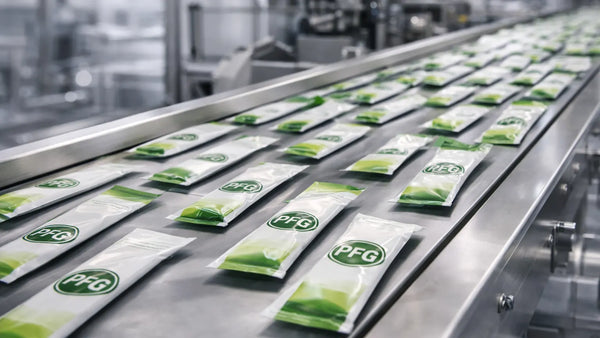 Finished stick packs moving along a stainless steel conveyor in a clean food manufacturing facility, demonstrating high-volume production and consistent packaging with subtle PFG branding