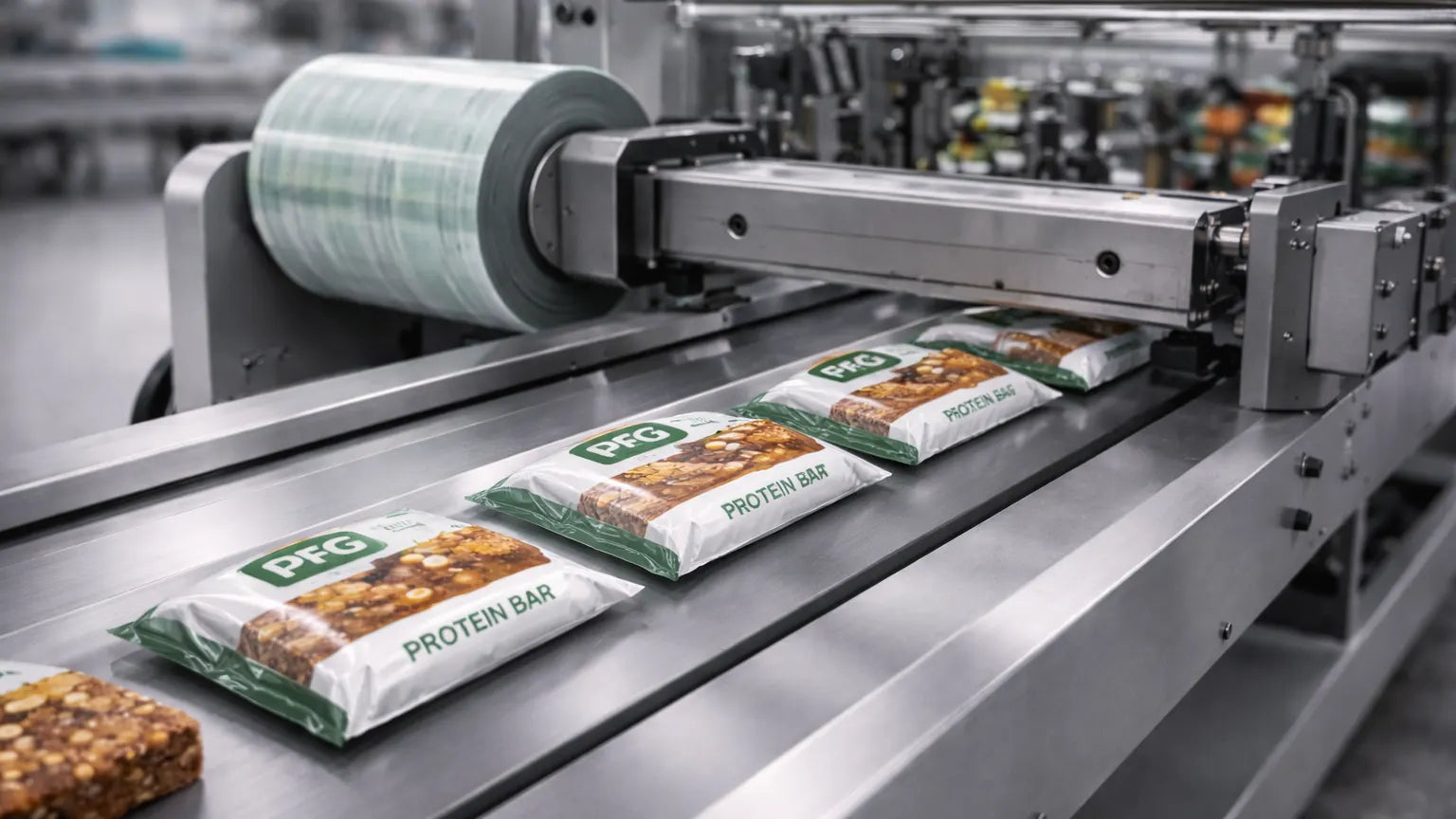 Close-up of protein bars moving along a horizontal form fill seal machine as branded film is applied and sealed around each product in a continuous packaging process