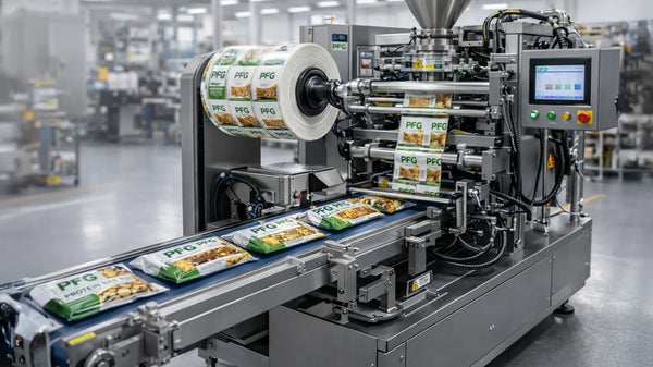 High-speed horizontal form fill seal machine applying printed film and sealing flow-wrapped bars on a conveyor in a clean production facility