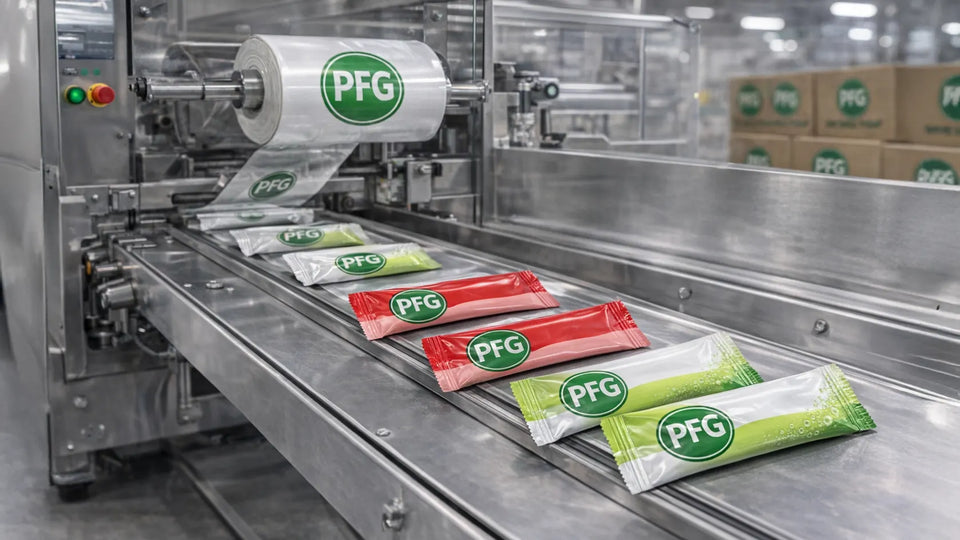 Horizontal form fill seal packaging line producing sealed sachets and stick packs on a stainless steel conveyor, with film roll feeding into automated machinery and finished flexible pouches aligned for consistent high-speed production