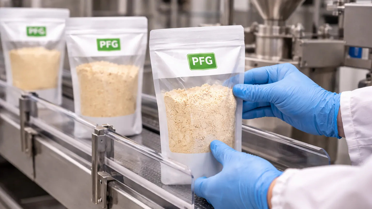 Gloved technician inspecting sealed powder pouches on a production line, ensuring fill accuracy and packaging integrity in a controlled food manufacturing environment