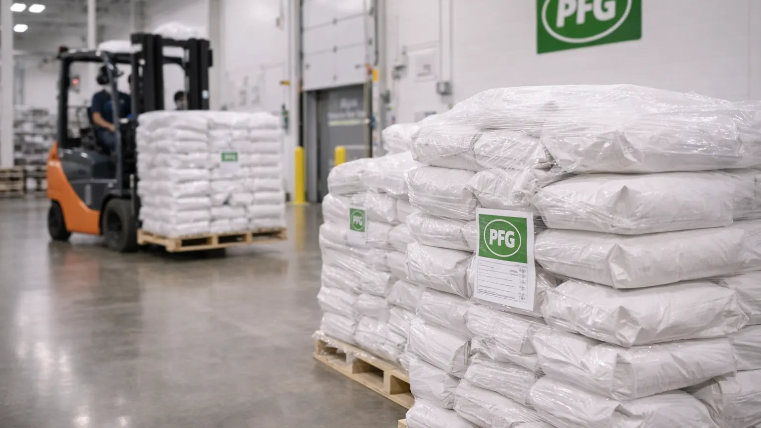 Palletized ingredient bags in a clean warehouse with forklift handling materials and subtle PFG branding, representing organized receiving, traceability, and regulated supply chain control