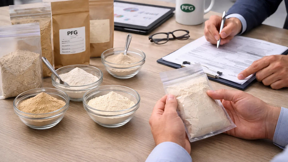 Hands reviewing powdered ingredient samples in small bags and bowls on a table with clipboard and tablet, representing sourcing evaluation and procurement workflow with subtle PFG branding