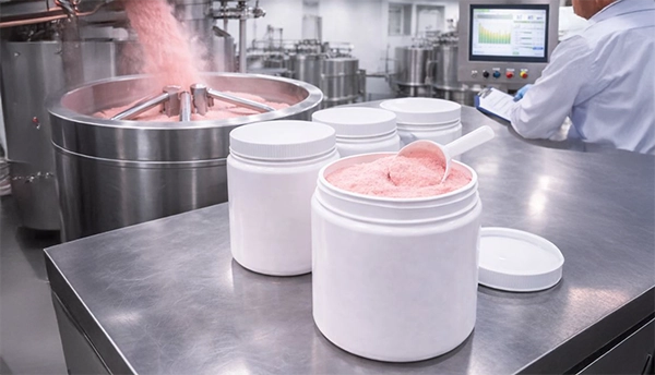 Pink instant beverage powder in open white canisters with a scoop in the foreground, alongside stainless-steel blending equipment and production controls inside the Pro Foods Group manufacturing facility, illustrating mix-ready powder production, consistency, and scalable manufacturing.