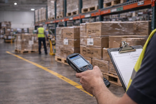 Centered warehouse worker using handheld scanner and clipboard while managing cardboard inventory with Pro Foods Group branded boxes in organized storage area