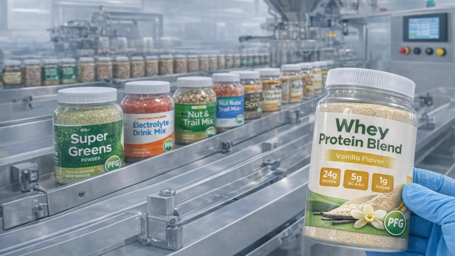 Automated jar filling and packaging line for dry goods with labeled plastic jars of powders and blends and gloved hand holding finished retail-ready container