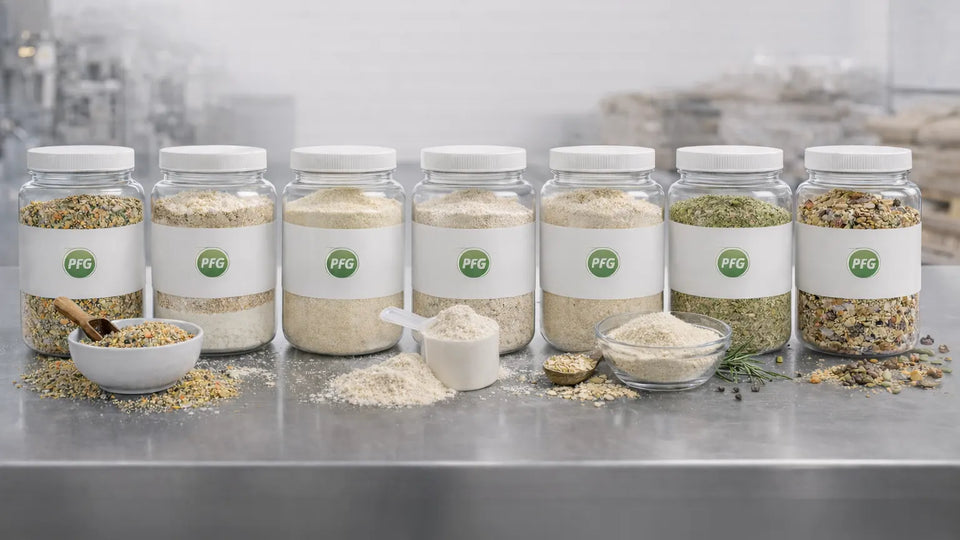 Multiple clear jars filled with different dry powder and seasoning blends arranged on a stainless steel surface in a clean food production environment with subtle PFG branding