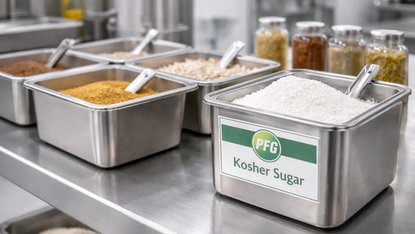 Organized stainless steel containers filled with food ingredients in a clean preparation area with PFG branding visible on container labels