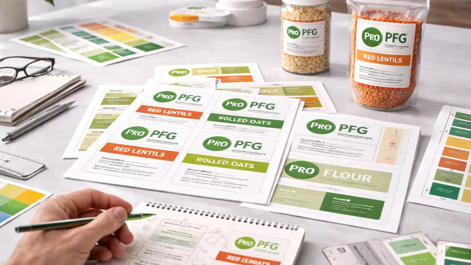 Printed Pro Foods Group label sheets and packaging designs arranged on a workspace with color swatches, sketches, and finished product samples nearby