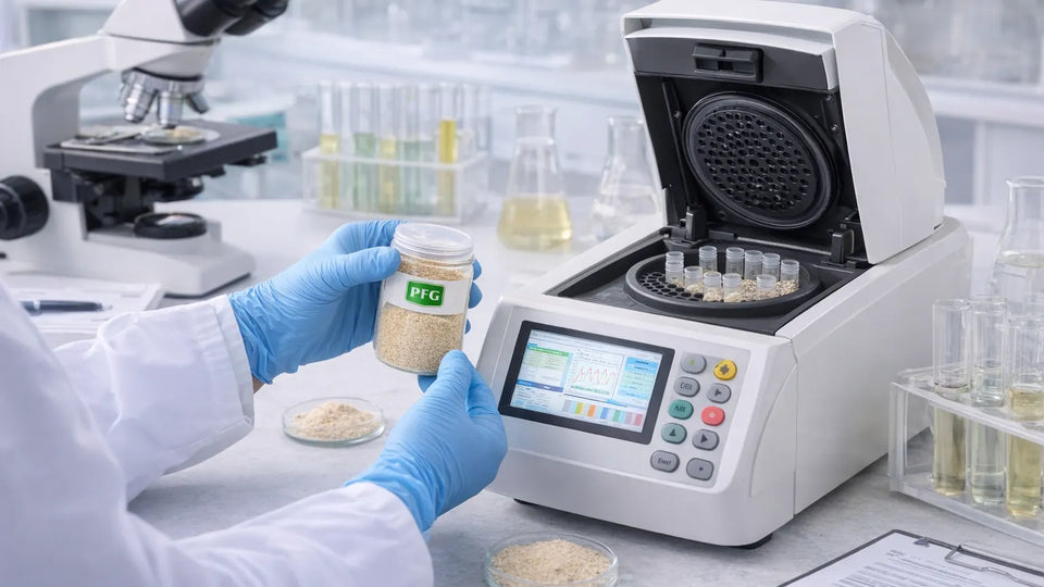 Technician analyzing powdered product samples using laboratory equipment to validate safety, consistency, and compliance within a controlled food testing environment