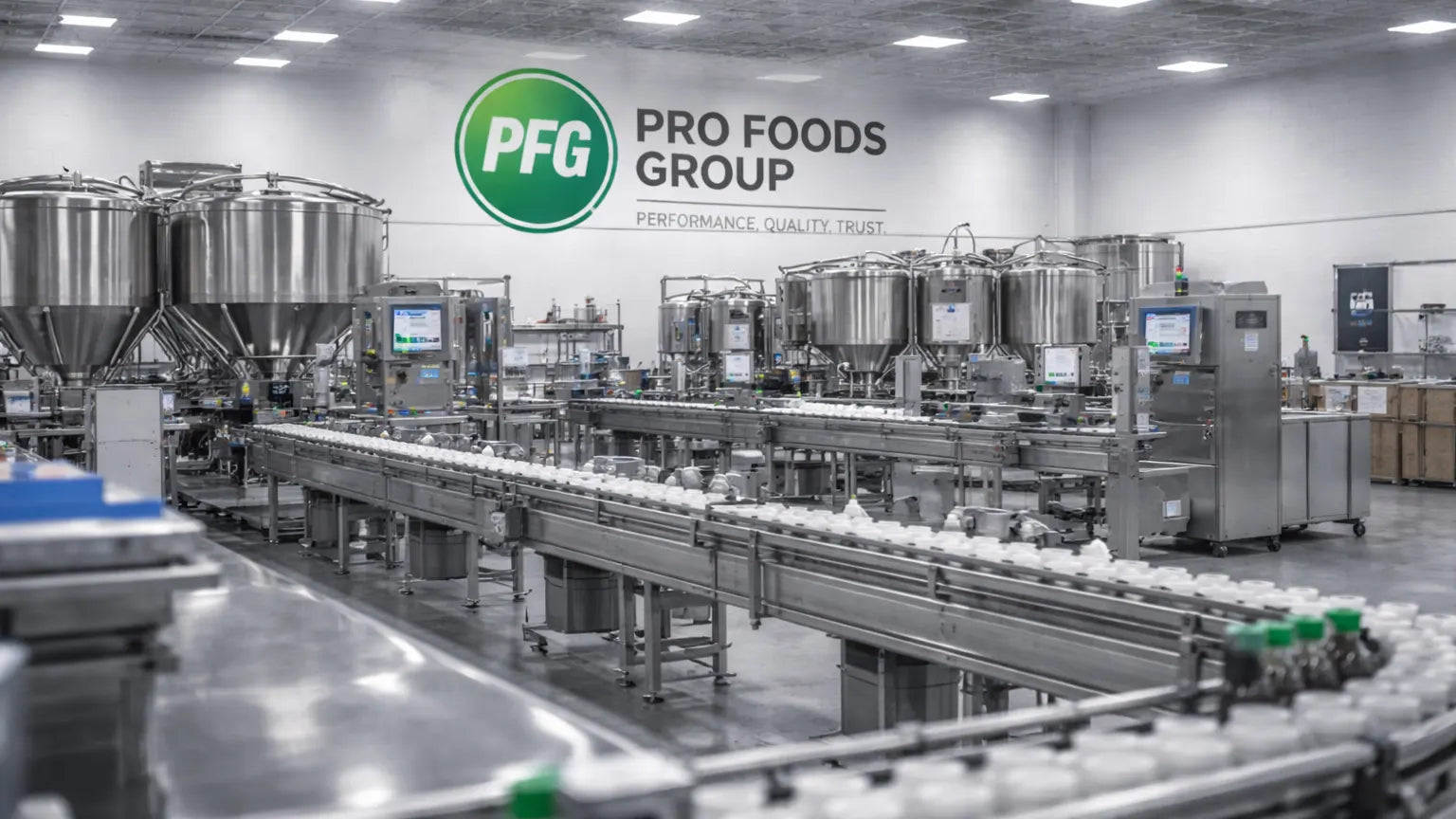 Expansive stainless steel food production facility with automated conveyor lines and processing equipment, featuring integrated PFG branding within a clean, high-capacity manufacturing environment
