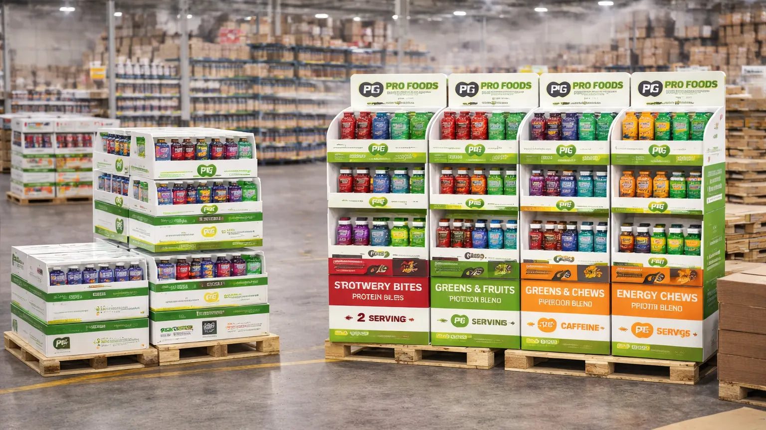 Multiple retail point-of-sale displays assembled and staged on pallets in a warehouse setting, demonstrating large-scale production and rollout readiness for nationwide distribution