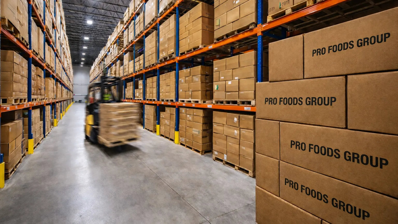 Food-grade warehouse with tall pallet racking, stacked cardboard shipping boxes with black printed Pro Foods Group branding, and forklift transporting pallet load