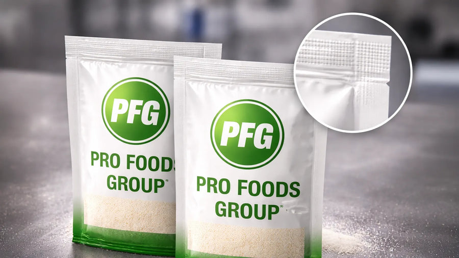 Close-up of Pro Foods Group sachet packaging showing detailed multi-edge heat seals along the top and sides, ensuring secure containment of dry powder products