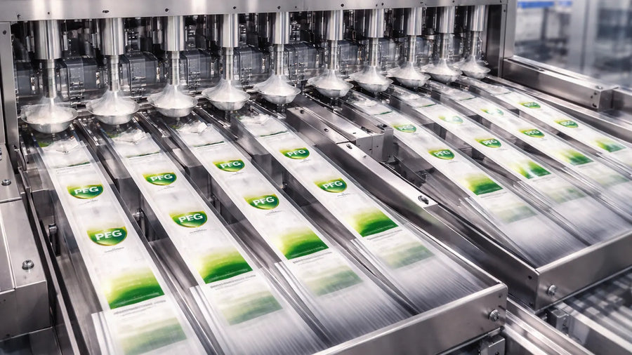 Industrial multi-lane packaging machine simultaneously filling and sealing multiple Pro Foods Group packet strips on parallel conveyor lines, demonstrating high-speed, scalable production efficiency