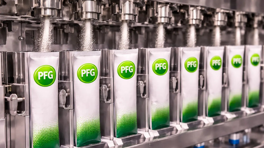 Multiple slim Pro Foods Group stick packs being filled simultaneously across a multi-lane production system, showcasing high-speed manufacturing with consistent fill accuracy and seal integrity