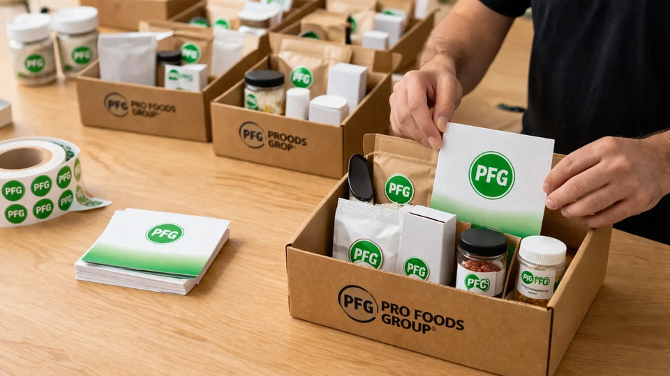 Worker assembling multiple product sampling kits with pouches, jars, and cartons arranged in corrugated boxes featuring black printed Pro Foods Group branding on a clean wooden workstation