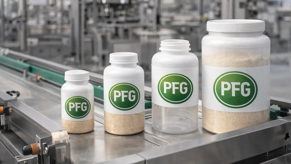 PFG-branded bottles in multiple sizes displayed on a production line, showing flexible bottle filling capabilities for powder products