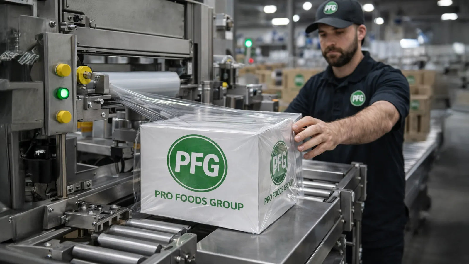 Pro Foods Group operator guiding a branded retail carton through a cello overwrapping machine, with clear film being folded tightly around the box to create a glossy, tamper-evident finish in a dry production environment